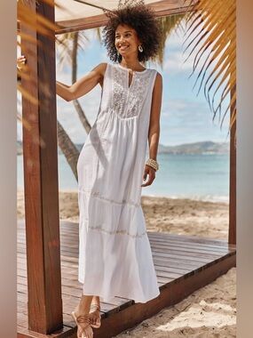 J. Jill Cream Embroidered Button-Front Cotton Maxi dress